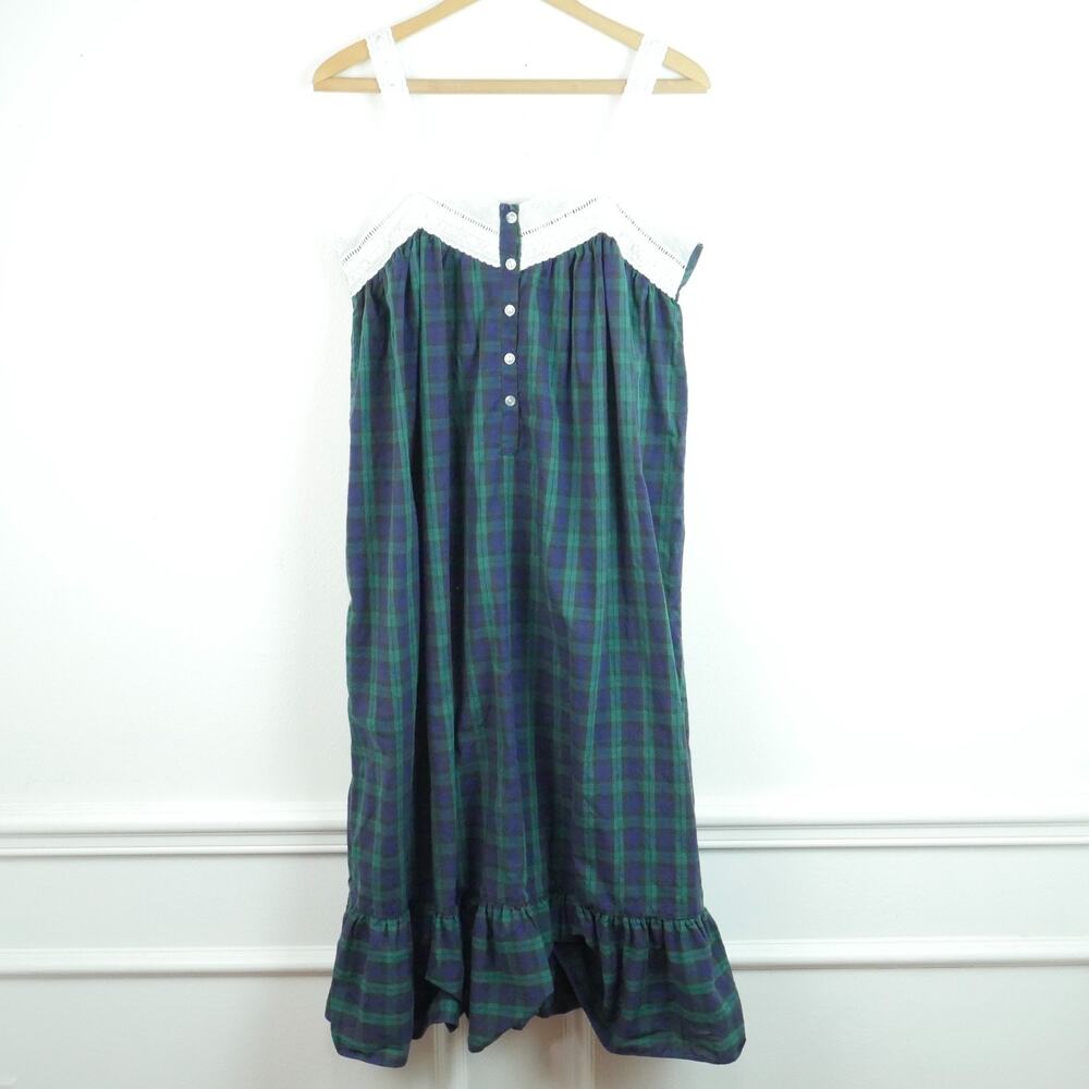 Vintage Small Nightgown Plaid Ruffle Cottagecore Prairie Lace Trim Midi 90s